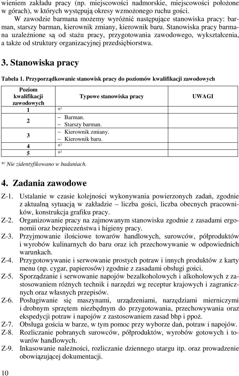 Stanowiska pracy barmana uzależnione są od stażu pracy, przygotowania zawodowego, wykształcenia, a także od struktury organizacyjnej przedsiębiorstwa. 3. Stanowiska pracy Tabela 1.