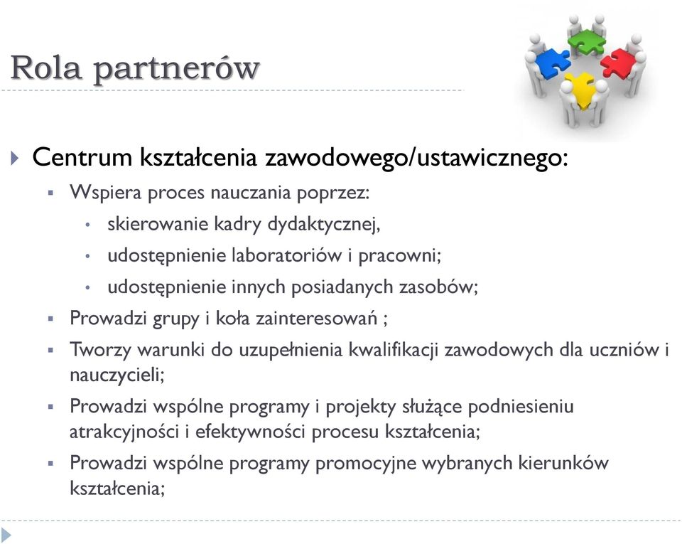 warunki do uzupełnienia kwalifikacji zawodowych dla uczniów i nauczycieli; Prowadzi wspólne programy i projekty służące