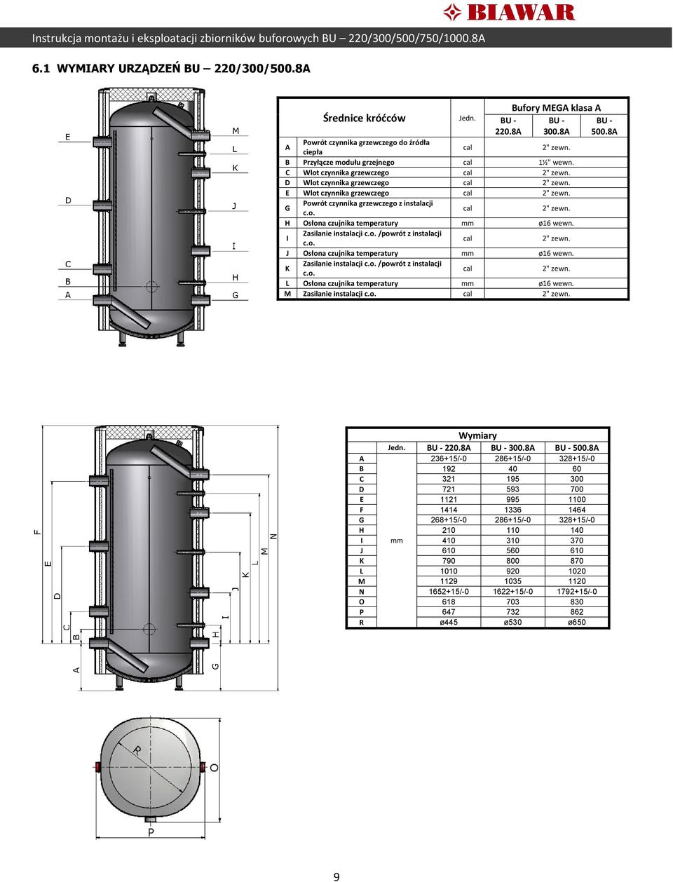 G Powrót czynnika grzewczego z instalacji c.o. cal 2" zewn. H Osłona czujnika temperatury mm ø16 wewn. I Zasilanie instalacji c.o. /powrót z instalacji c.o. cal 2" zewn. J Osłona czujnika temperatury mm ø16 wewn.