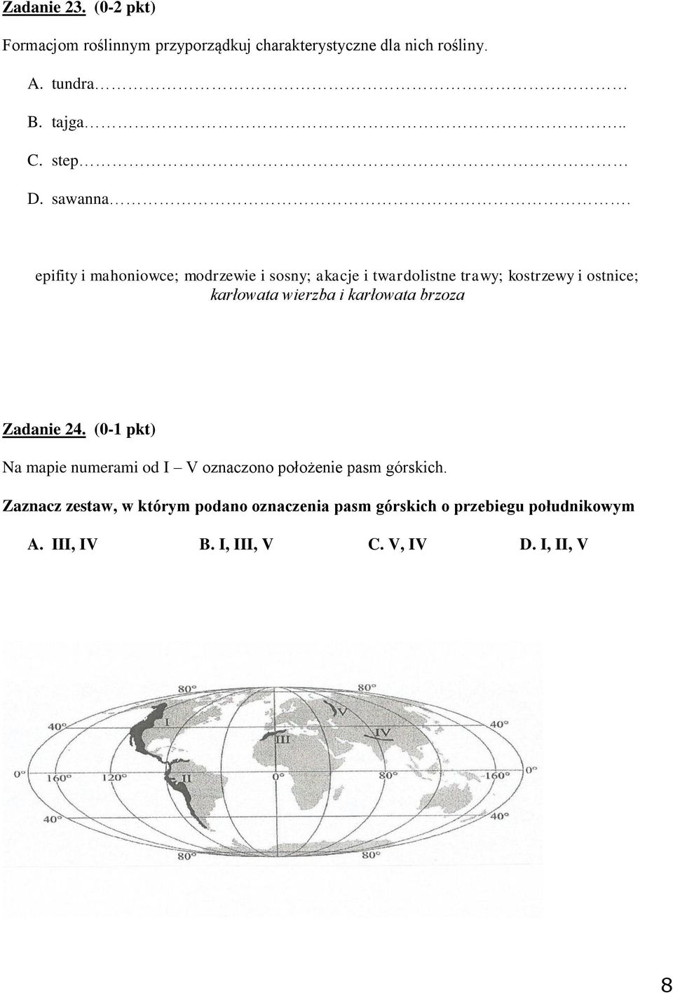 epifity i mahoniowce; modrzewie i sosny; akacje i twardolistne trawy; kostrzewy i ostnice; karłowata wierzba i