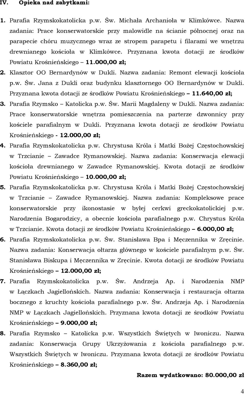 Przyznana kwota dotacji ze środków Powiatu Krośnieńskiego 11.000,00 zł; 2. Klasztor OO Bernardynów w Dukli. Nazwa zadania: Remont elewacji kościoła p.w. Św.