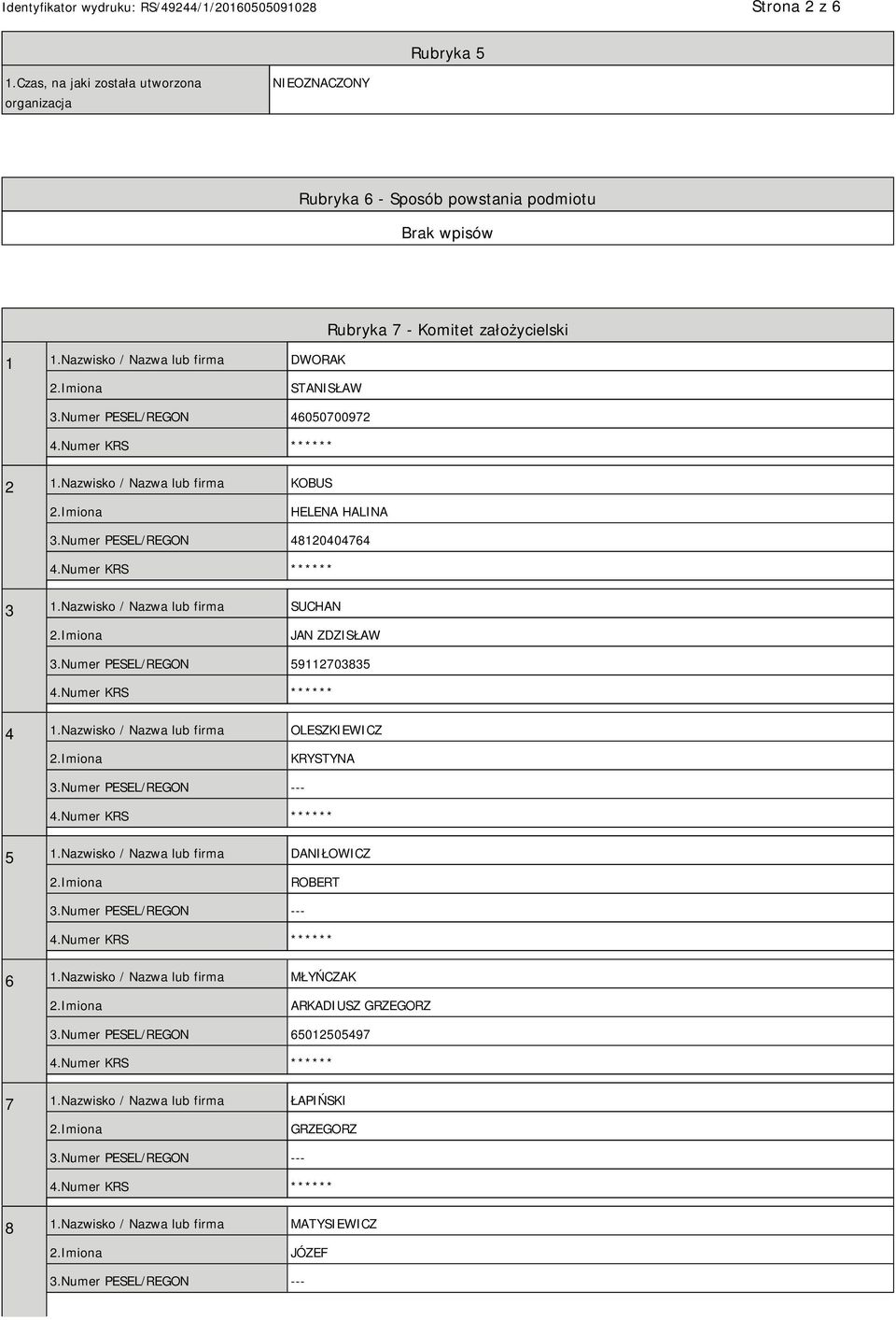Numer PESEL/REGON 48120404764 3 1.Nazwisko / Nazwa lub firma SUCHAN JAN ZDZISŁAW 3.Numer PESEL/REGON 59112703835 4 1.Nazwisko / Nazwa lub firma OLESZKIEWICZ KRYSTYNA 5 1.