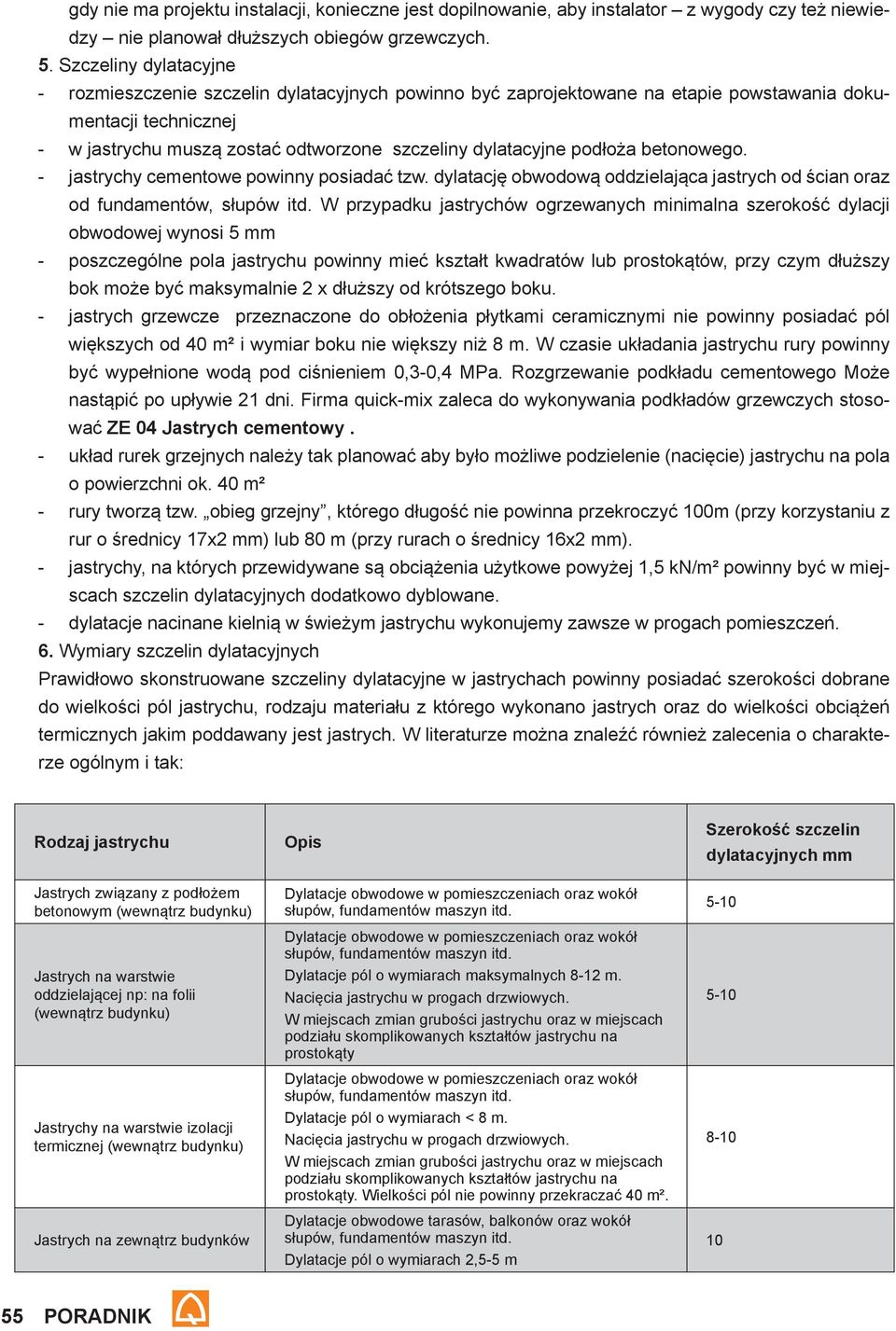 betonowego. jastrychy cementowe powinny posiadać tzw. dylatację obwodową oddzielająca jastrych od ścian oraz od fundamentów, słupów itd.