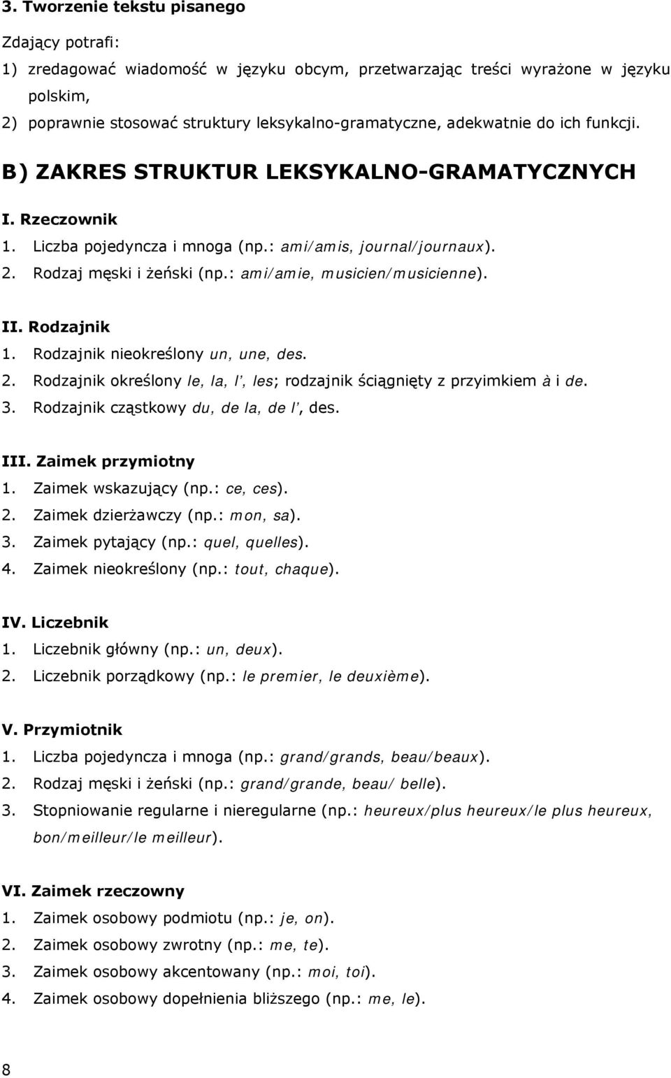 : ami/amie, musicien/musicienne). II. Rodzajnik 1. Rodzajnik nieokreślony un, une, des. 2. Rodzajnik określony le, la, l, les; rodzajnik ściągnięty z przyimkiem à i de. 3.