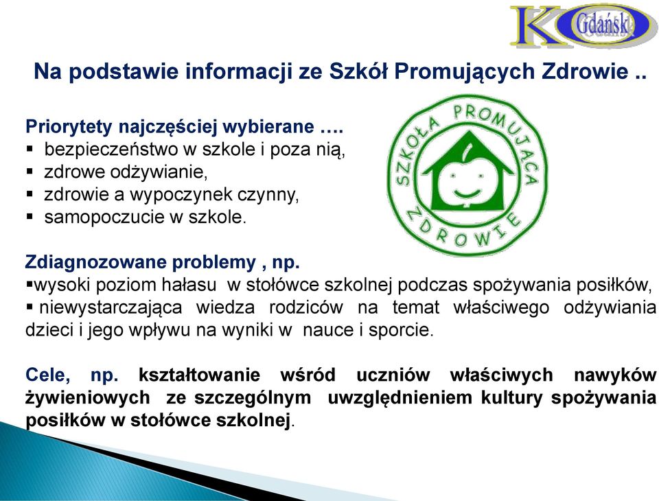 wysoki poziom hałasu w stołówce szkolnej podczas spożywania posiłków, niewystarczająca wiedza rodziców na temat właściwego odżywiania