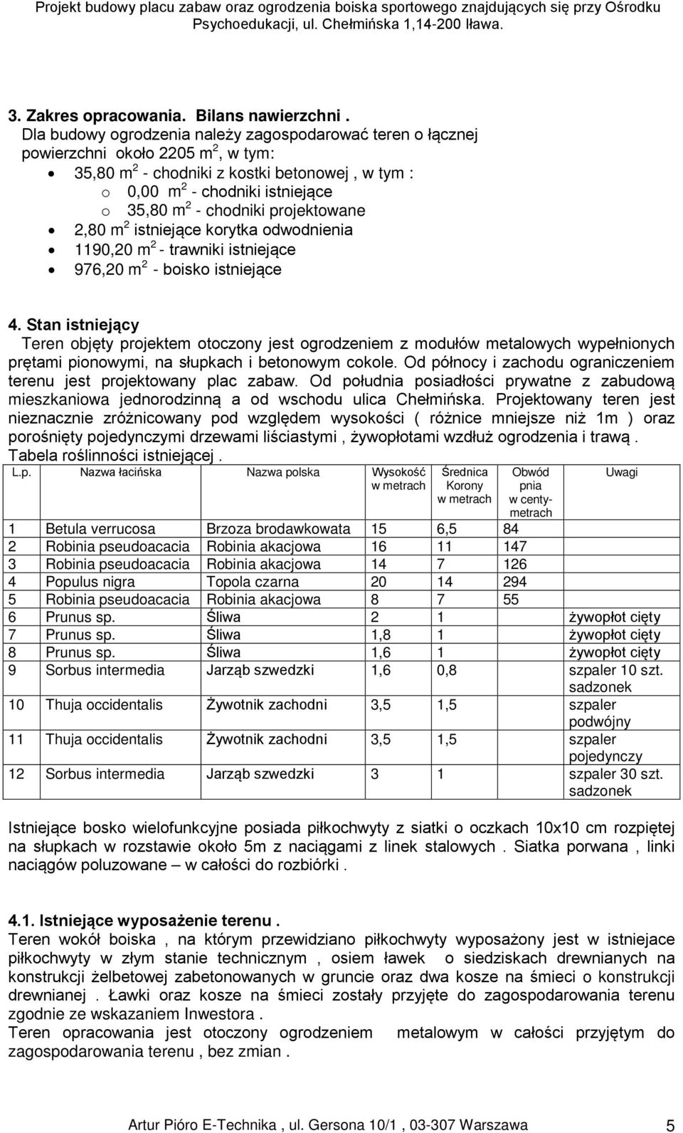 projektowane 2,80 m 2 istniejące korytka odwodnienia 1190,20 m 2 - trawniki istniejące 976,20 m 2 - boisko istniejące 4.