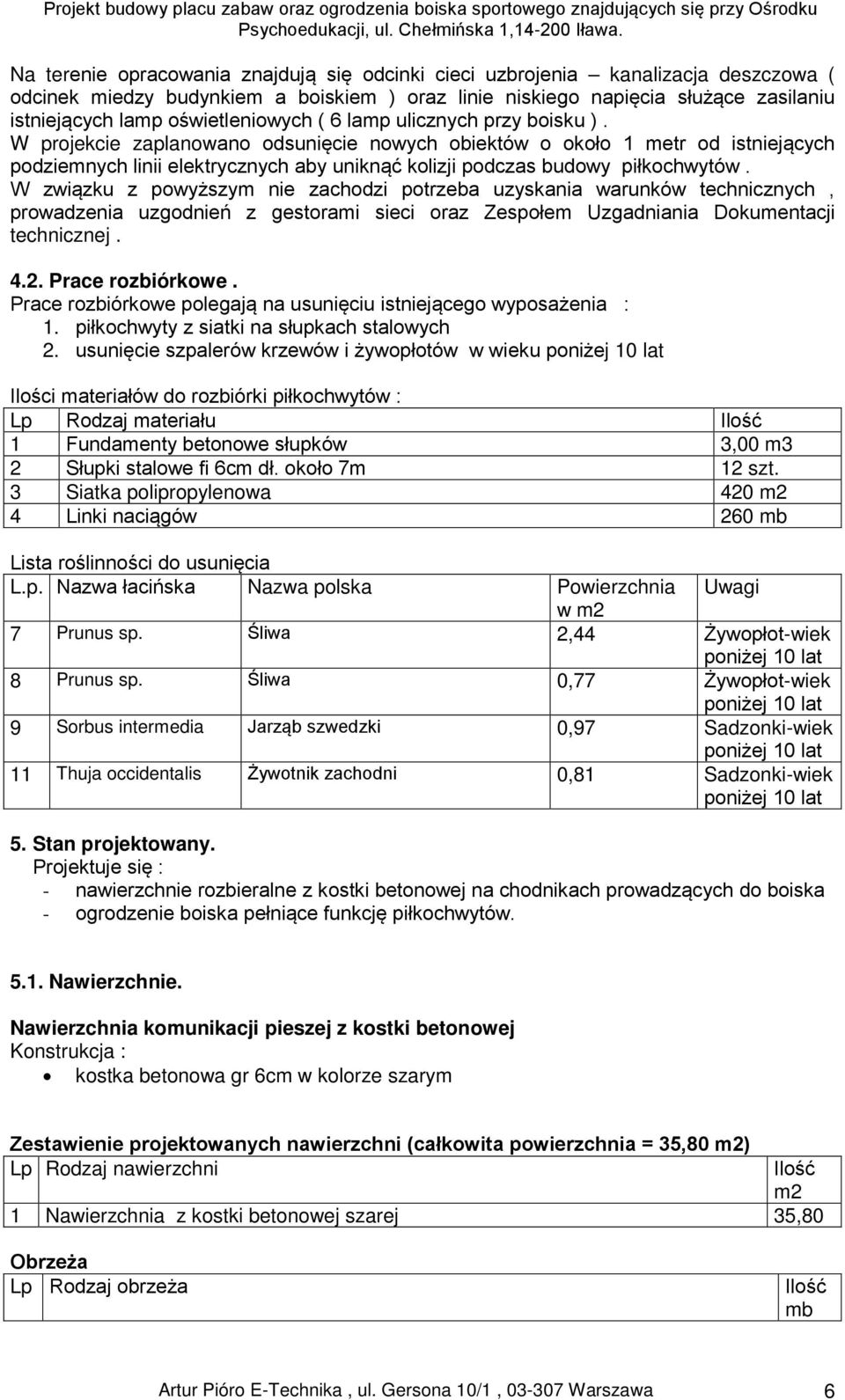 W projekcie zaplanowano odsunięcie nowych obiektów o około 1 metr od istniejących podziemnych linii elektrycznych aby uniknąć kolizji podczas budowy piłkochwytów.