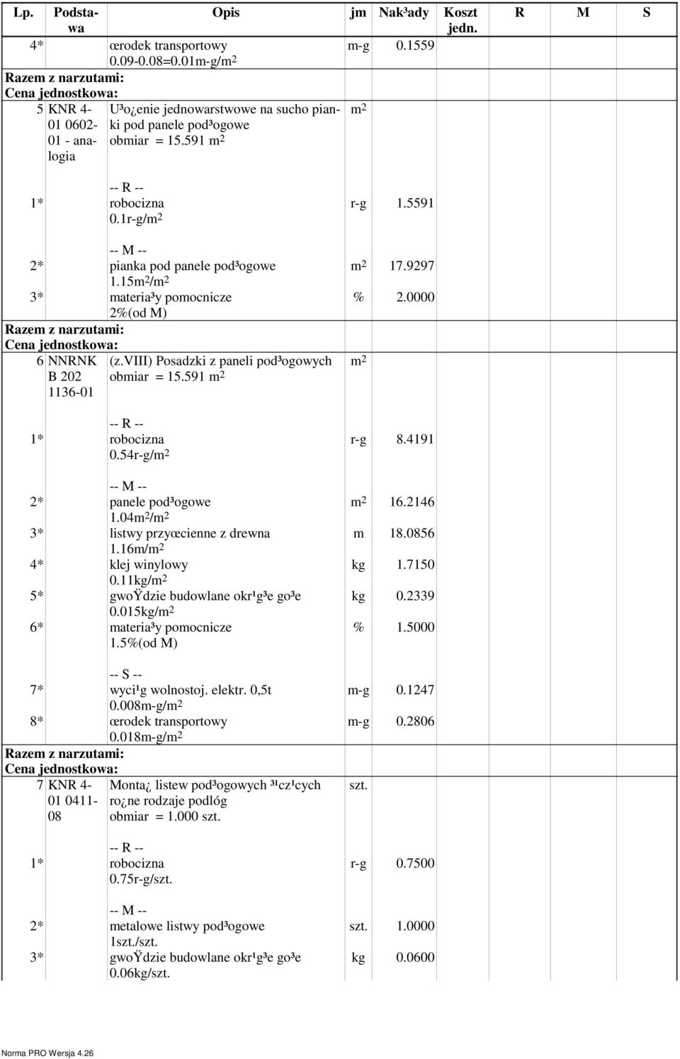 54r-g/ r-g 8.4191 16.2146 m 18.0856 kg 1.7150 kg 0.2339 2* panele pod³ogowe 1.04 / 3* listwy przyœcienne z drewna 1.16m/ 4* klej winylowy 0.11kg/ 5* gwoÿdzie budowlane okr¹g³e go³e 0.