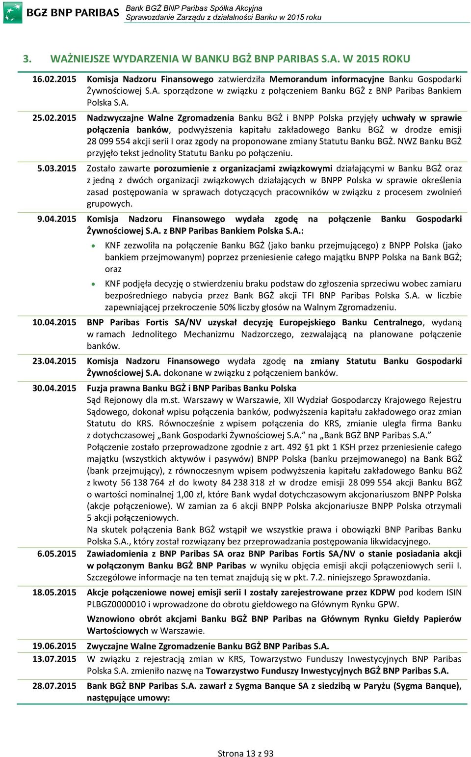 2015 Nadzwyczajne Walne Zgromadzenia Banku BGŻ i BNPP Polska przyjęły uchwały w sprawie połączenia banków, podwyższenia kapitału zakładowego Banku BGŻ w drodze emisji 28 099 554 akcji serii I oraz