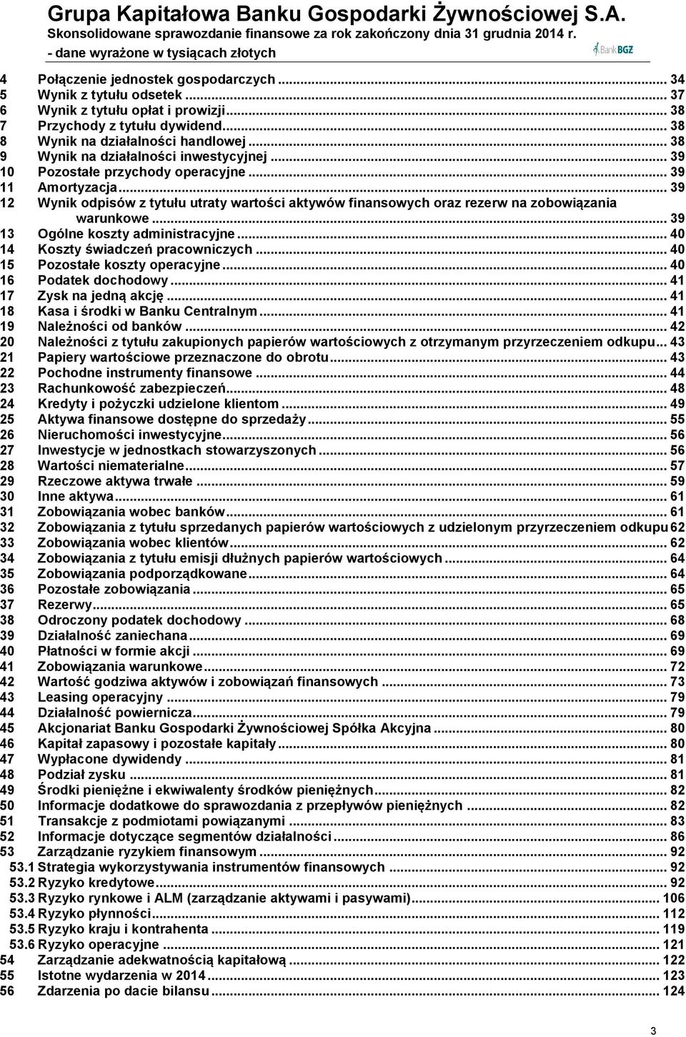 .. 39 12 Wynik odpisów z tytułu utraty wartości aktywów finansowych oraz rezerw na zobowiązania warunkowe... 39 13 Ogólne koszty administracyjne... 40 14 Koszty świadczeń pracowniczych.