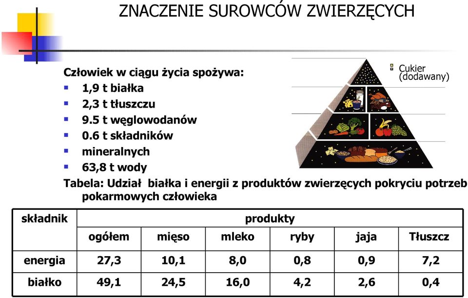 6 t składników mineralnych 63,8 t wody Tabela: Udział białka i energii z produktów zwierzęcych