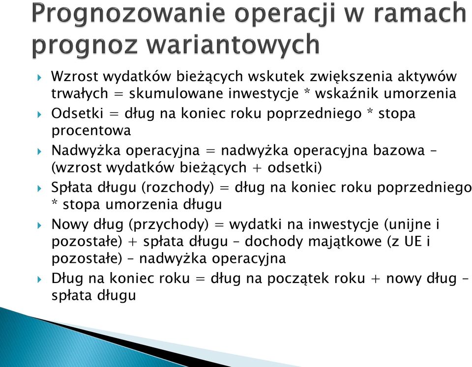 (rozchody) = dług na koniec roku poprzedniego * stopa umorzenia długu Nowy dług (przychody) = wydatki na inwestycje (unijne i pozostałe)