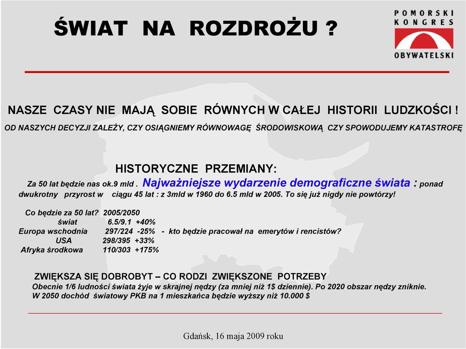 Najważniejsze wydarzenie demograficzne świata : ponad dwukrotny przyrost w ciągu 45 lat : z 3mld w 1960 do 6.5 mld w 2005. To się już nigdy nie powtórzy! Co będzie za 50 lat? 2005/2050 świat 6.