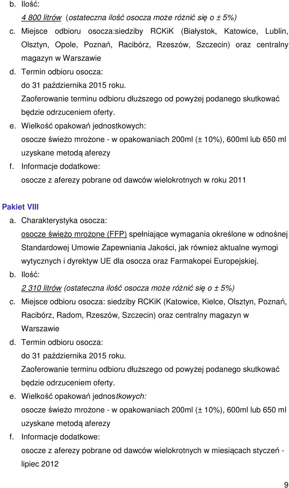 200ml (± 10%), 600ml lub 650 ml uzyskane metodą aferezy osocze z aferezy pobrane od dawców wielokrotnych w roku 2011 Pakiet VIII 2 310 litrów (ostateczna ilość osocza może różnić się o ± 5%) c.