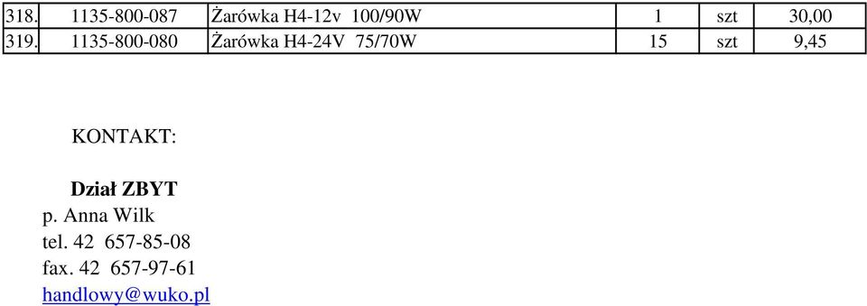 1135-800-080 Żarówka H4-24V 75/70W 15 szt 9,45