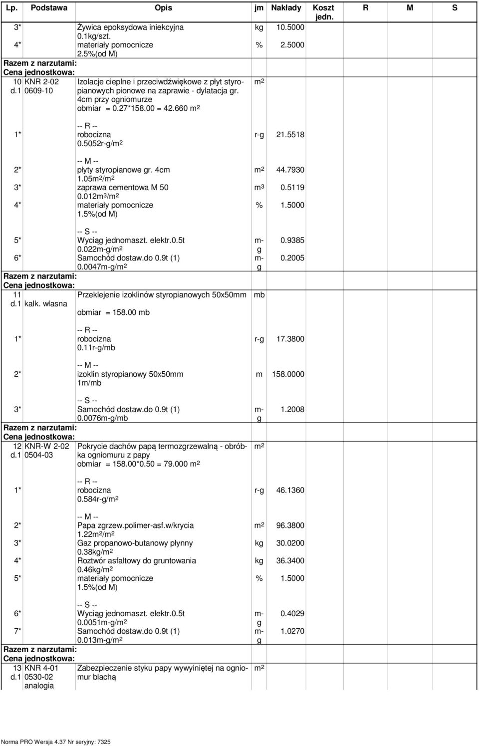 7930 m 3 0.5119 2* płyty styropianowe gr. 4cm 1.05 / 3* zaprawa cementowa M 50 0.012m 3 / 4* materiały pomocnicze 1.5%(od M) % 1.5000 5* Wyciąg jednomaszt. elektr.0.5t 0.022g/ g 6* Samochód dostaw.
