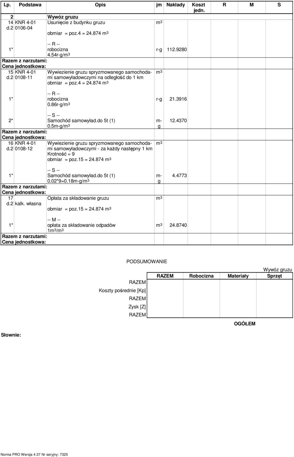 5g/m 3 g 16 KNR 4-01 d.2 0108-12 Wywiezienie gruzu spryzmowanego samochodami samowyładowczymi - za każdy następny 1 km Krotność = 9 obmiar = poz.15 = 24.874 m 3 1* Samochód samowyład.