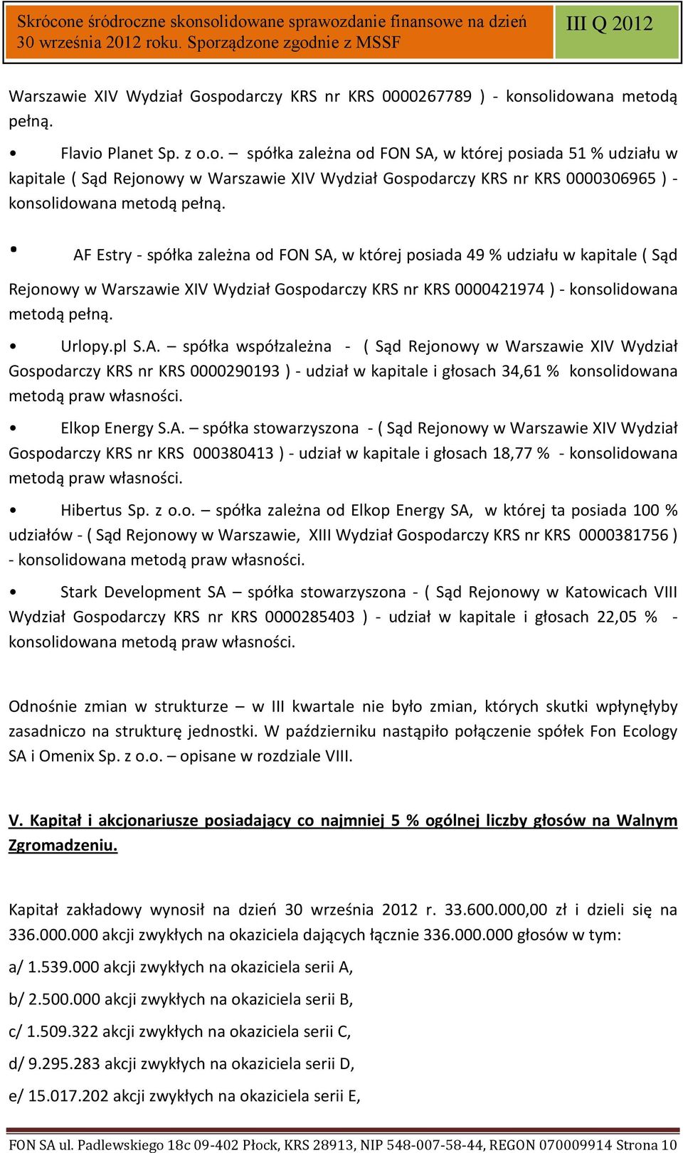 Elkop Energy S.A. spółka stowarzyszona - ( Sąd Rejonowy w Warszawie XIV Wydział Gospodarczy KRS nr KRS 000380413 ) - udział w kapitale i głosach 18,77 % - konsolidowana metodą praw własności.