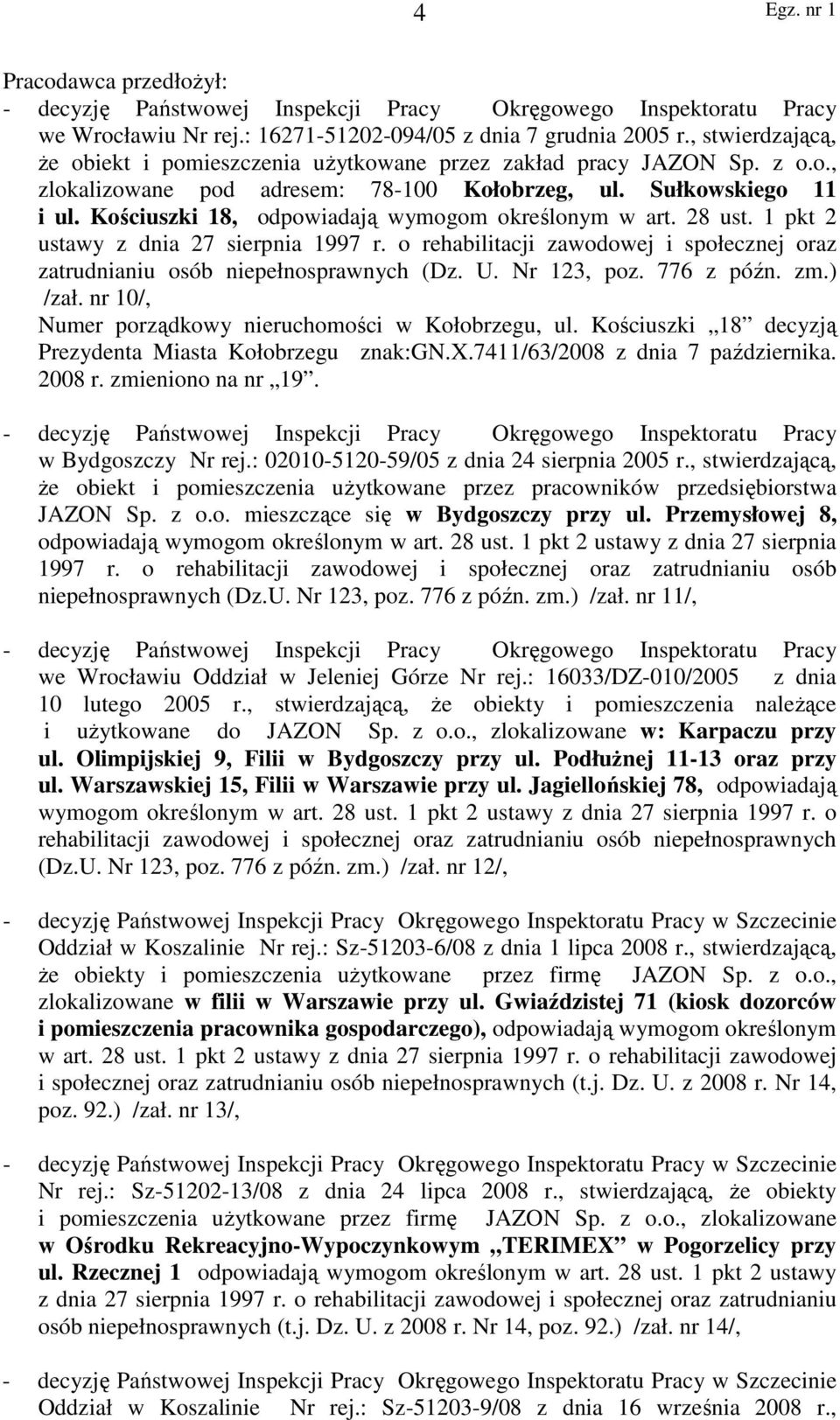 Kościuszki 18, odpowiadają wymogom określonym w art. 28 ust. 1 pkt 2 ustawy z dnia 27 sierpnia 1997 r. o rehabilitacji zawodowej i społecznej oraz zatrudnianiu osób niepełnosprawnych (Dz. U.