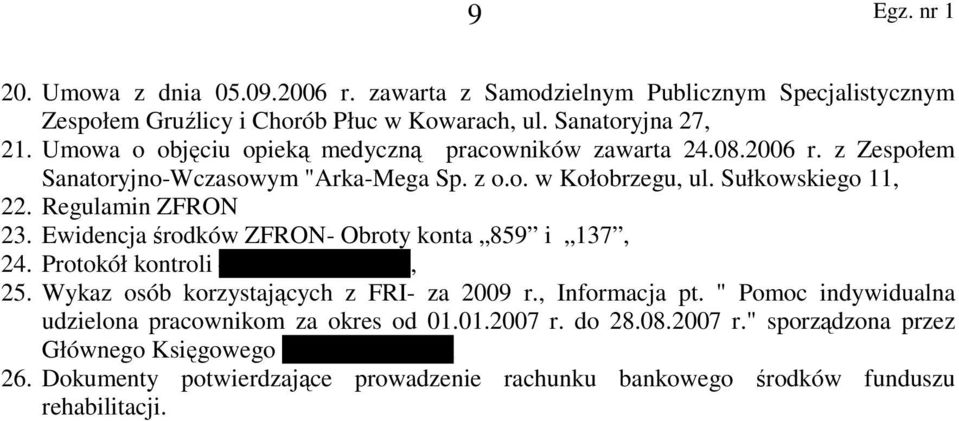 Ewidencja środków ZFRON- Obroty konta 859 i 137, 24. Protokół kontroli US w Kołobrzegu, 25. Wykaz osób korzystających z FRI- za 2009 r., Informacja pt.