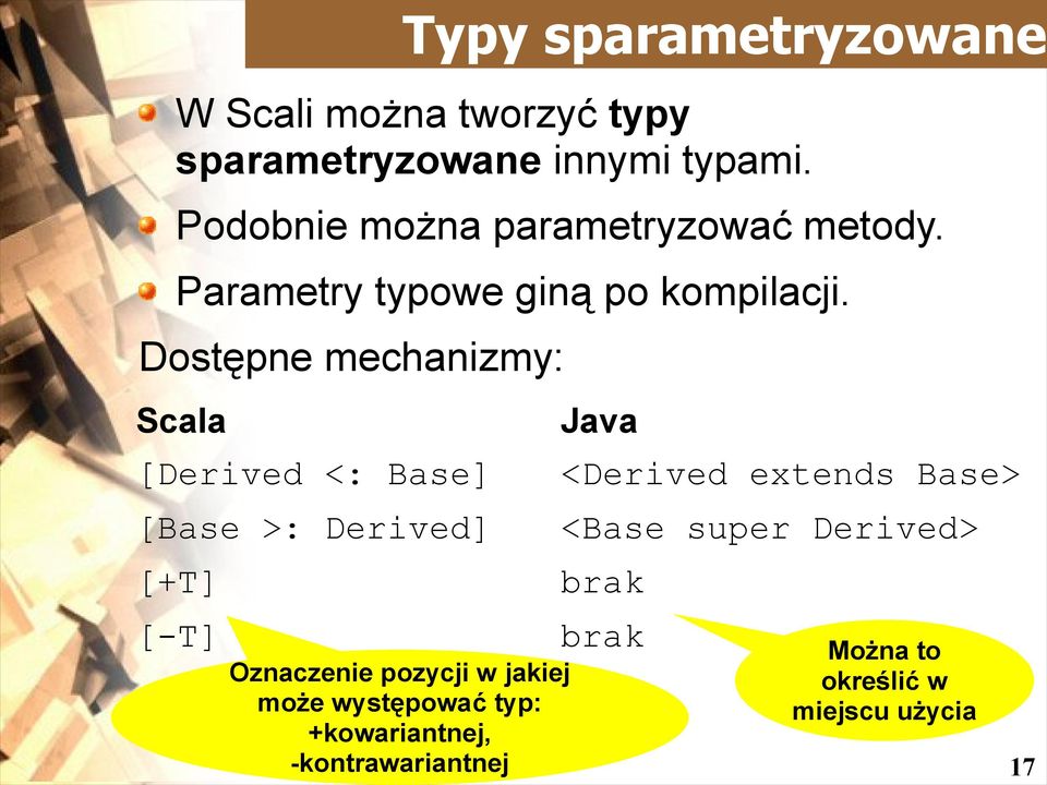 Dostępne mechanizmy: Scala [Derived <: Base] Java <Derived extends Base> [Base >: Derived] <Base