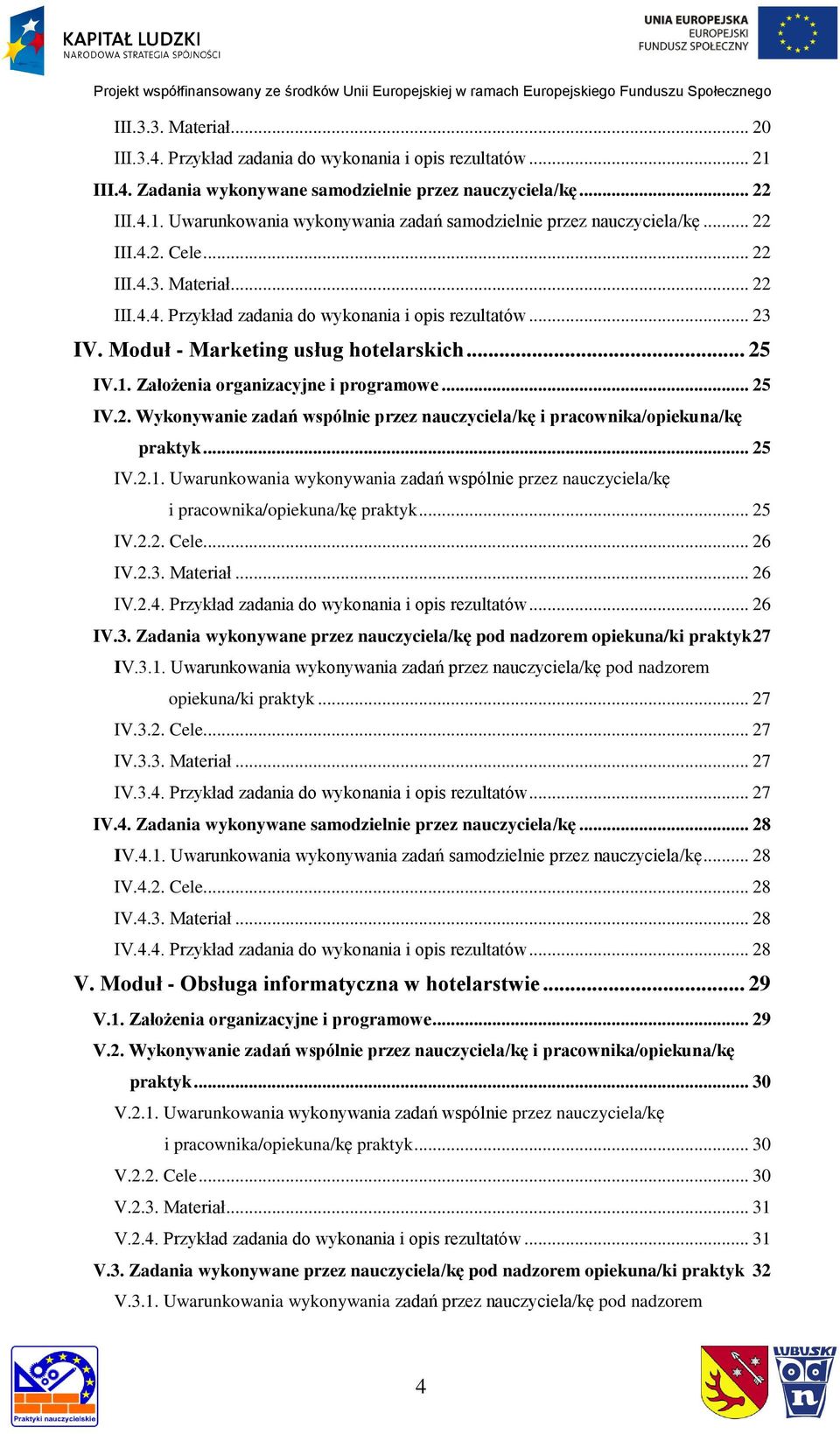 Założenia organizacyjne i programowe... 25 IV.2. Wykonywanie zadań wspólnie przez nauczyciela/kę i pracownika/opiekuna/kę praktyk... 25 IV.2.1.