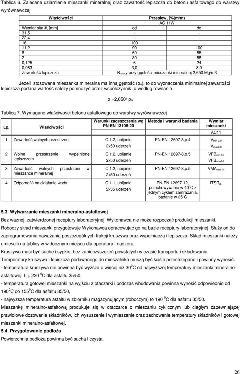 100-11,2 90 100 8 60 85 2 30 55 0,125 6 24 0,063 3,0 8,0 Zawartość lepiszcza B min4,6 przy gęstości mieszanki mineralnej 2,650 Mg/m3 JeŜeli stosowana mieszanka mineralna ma inną gęstość (ρ α), to do