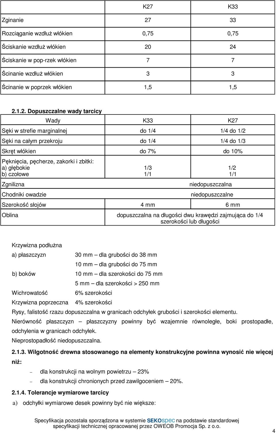 głębokie b) czołowe Zgnilizna Chodniki owadzie 1/3 1/1 niedopuszczalna 1/2 1/1 niedopuszczalne Szerokość słojów 4 mm 6 mm Oblina dopuszczalna na długości dwu krawędzi zajmująca do 1/4 szerokości lub