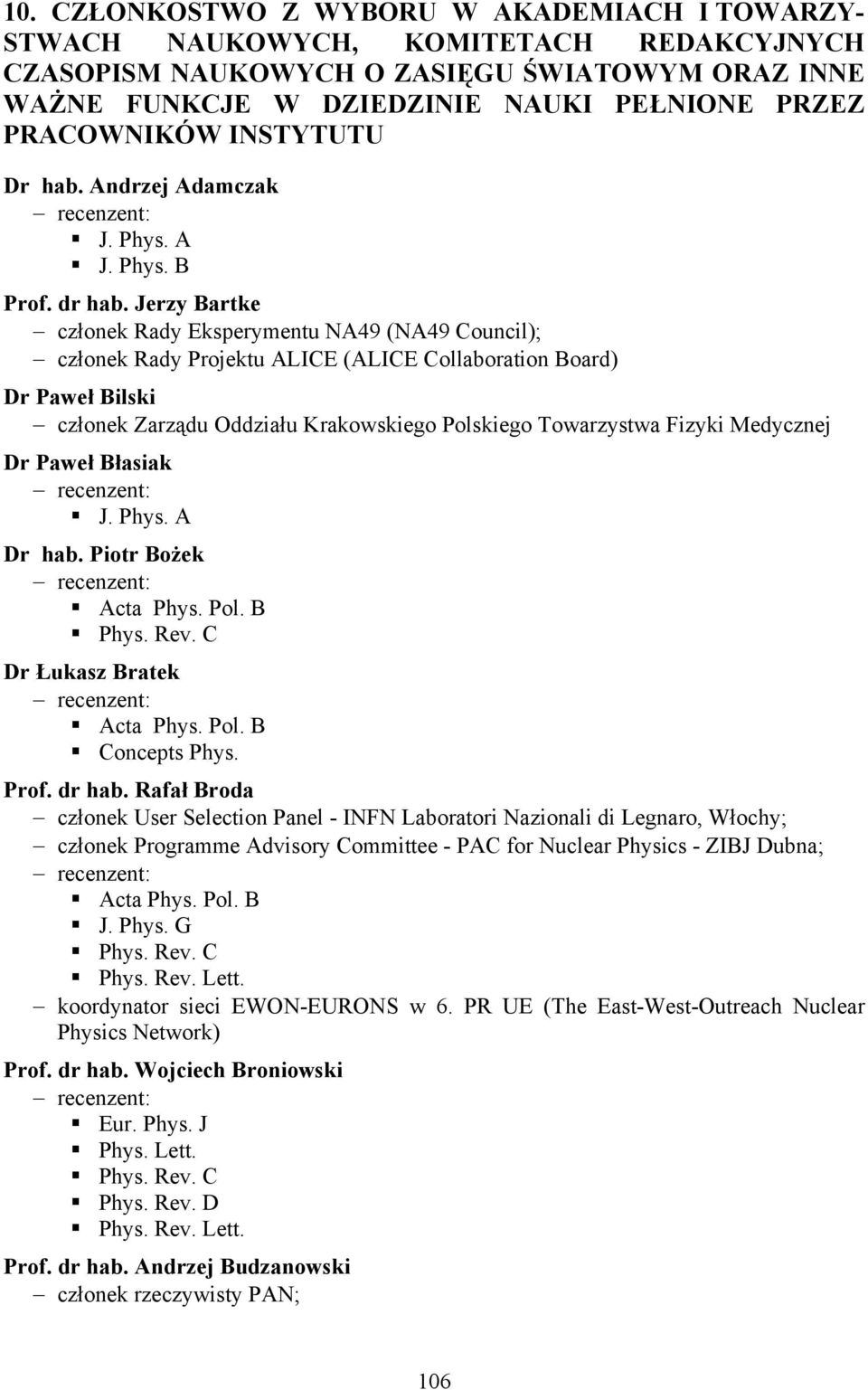 Jerzy Bartke członek Rady Eksperymentu NA49 (NA49 Council); członek Rady Projektu ALICE (ALICE Collaboration Board) Dr Paweł Bilski członek Zarządu Oddziału Krakowskiego Polskiego Towarzystwa Fizyki