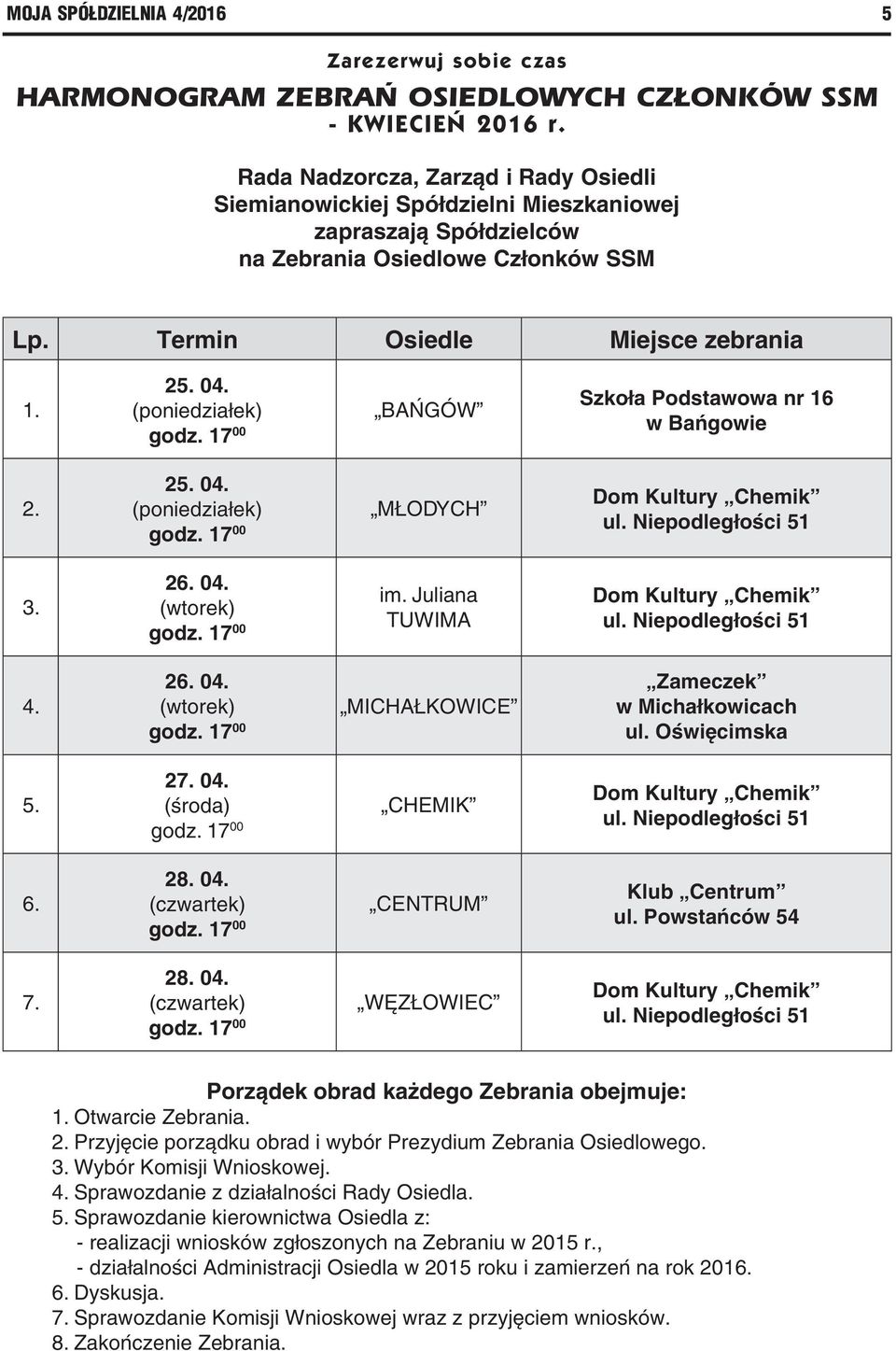 (poniedziałek) godz. 17 00 BAŃGÓW Szkoła Podstawowa nr 16 w Bańgowie 2. 25. 04. (poniedziałek) godz. 17 00 MŁODYCH Dom Kultury Chemik ul. Niepodległości 51 3. 26. 04. (wtorek) godz. 17 00 im.