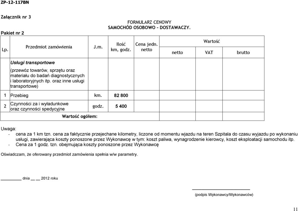 cena za faktycznie przejechane kilometry, liczone od momentu wjazdu na teren Szpitala do czasu wyjazdu po wykonaniu usługi, zawierająca koszty ponoszone przez Wykonawcę w tym: koszt paliwa,