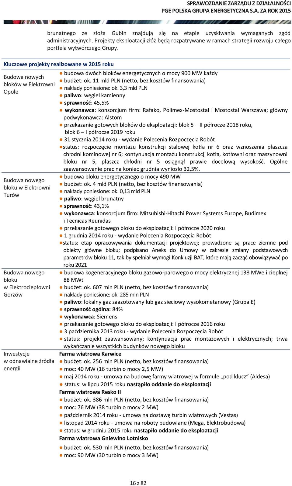 Kluczowe projekty realizowane w 2015 roku Budowa nowych bloków w Elektrowni Opole Budowa nowego bloku w Elektrowni Turów Budowa nowego bloku w Elektrociepłowni Gorzów Inwestycje w odnawialne źródła