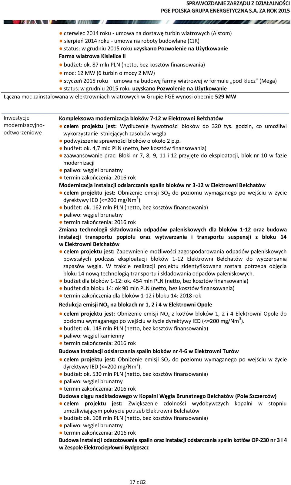 87 mln PLN (netto, bez kosztów finansowania) moc: 12 MW (6 turbin o mocy 2 MW) styczeń 2015 roku umowa na budowę farmy wiatrowej w formule pod klucz (Mega) status: w grudniu 2015 roku uzyskano