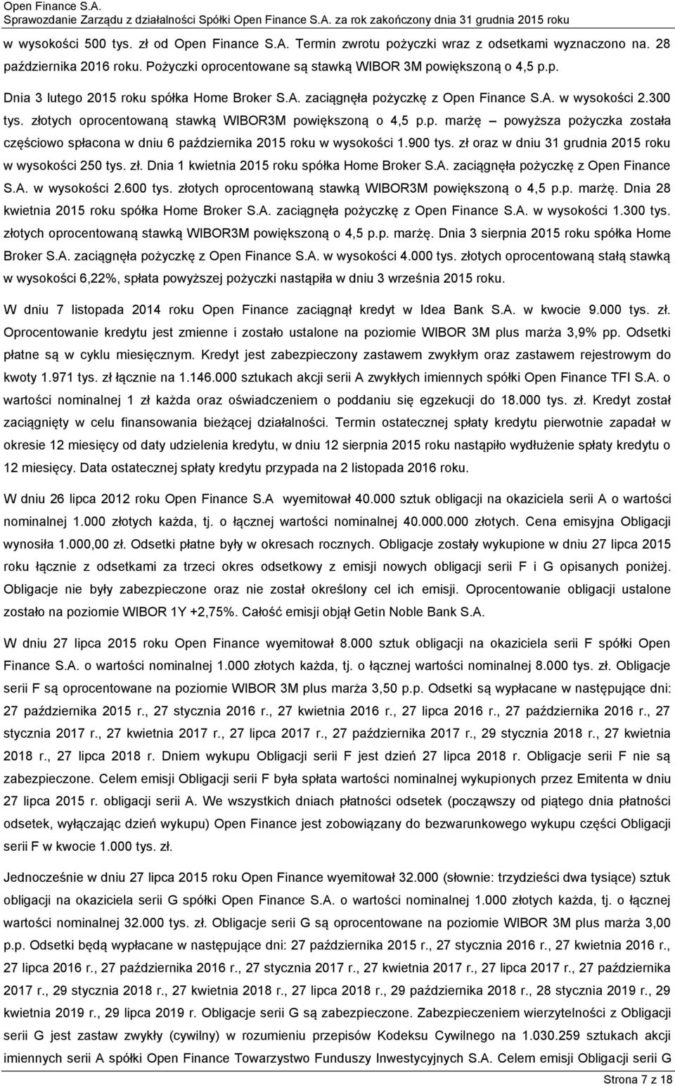 900 tys. zł oraz w dniu 31 grudnia 2015 roku w wysokości 250 tys. zł. Dnia 1 kwietnia 2015 roku spółka Home Broker S.A. zaciągnęła pożyczkę z Open Finance S.A. w wysokości 2.600 tys.