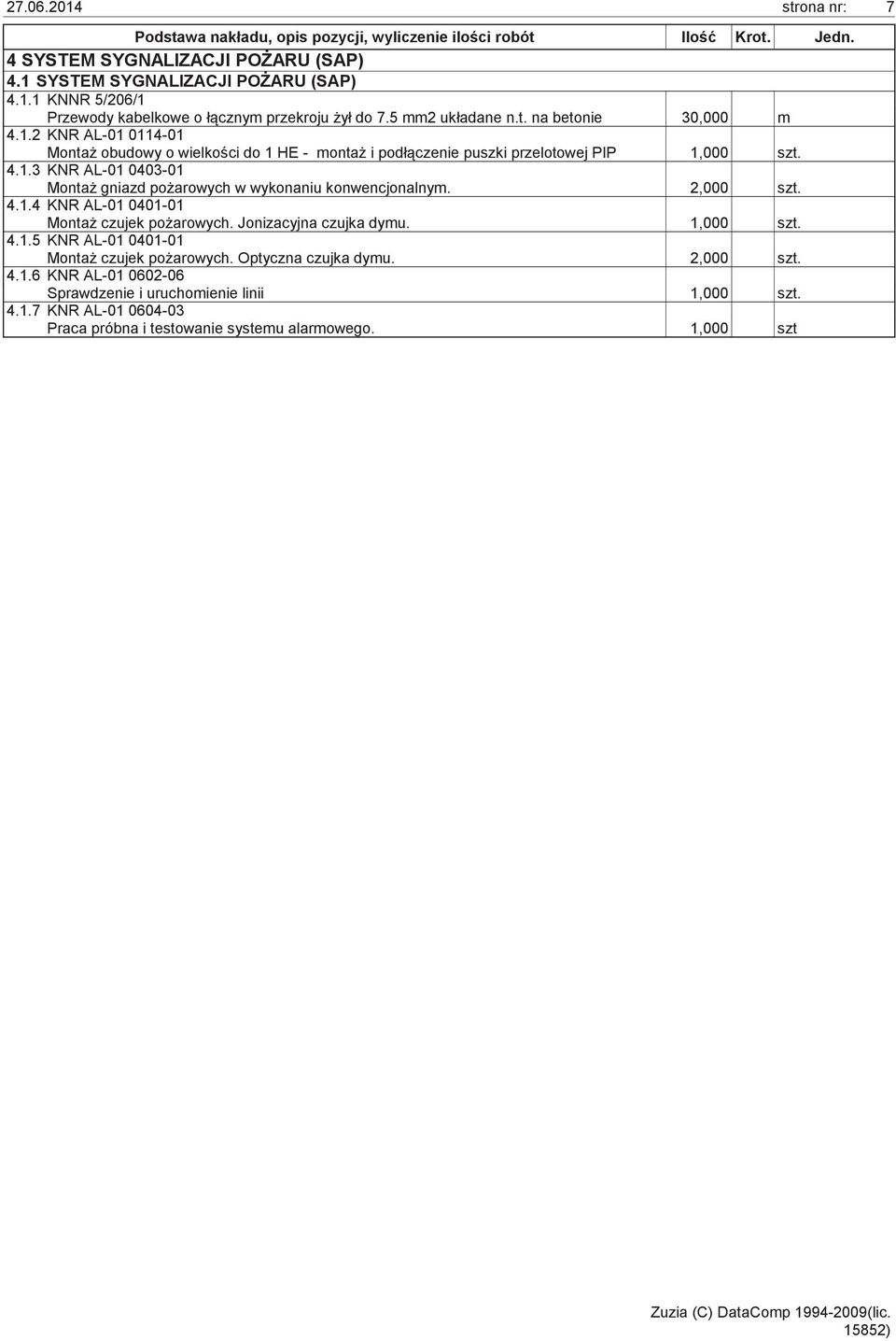 2,000 szt. 4.1.4 KNR AL-01 0401-01 Monta czujek po arowych. Jonizacyjna czujka dymu. 1,000 szt. 4.1.5 KNR AL-01 0401-01 Monta czujek po arowych. Optyczna czujka dymu. 2,000 szt. 4.1.6 KNR AL-01 0602-06 Sprawdzenie i uruchomienie linii 1,000 szt.