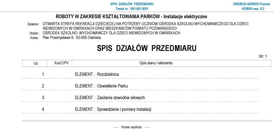 Adres : Plac Przemysława 9; 62-005 Owińska SPIS DZIAŁÓW PRZEDMIARU Lp.