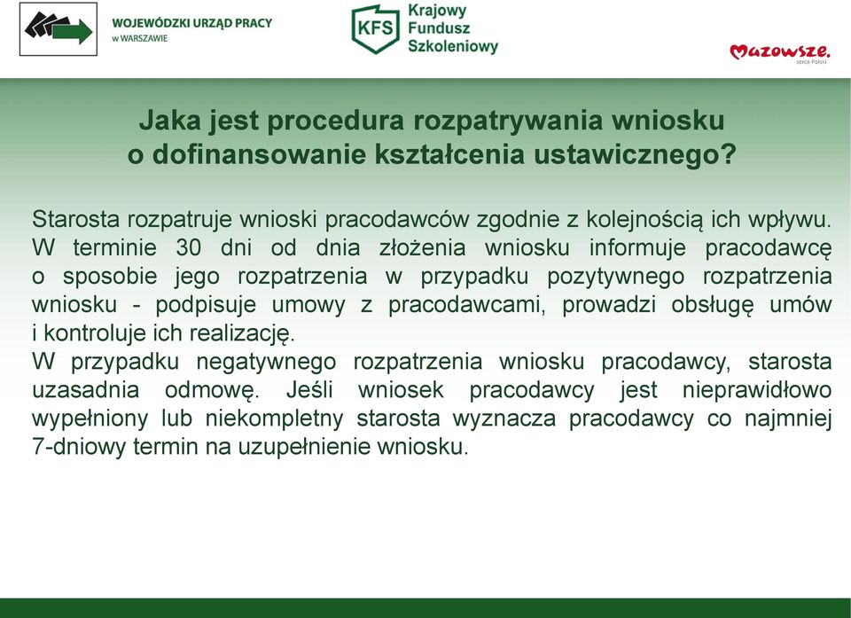 W terminie 30 dni od dnia złożenia wniosku informuje pracodawcę o sposobie jego rozpatrzenia w przypadku pozytywnego rozpatrzenia wniosku - podpisuje