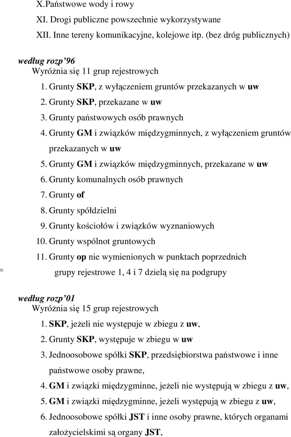 Grunty GM i związków międzygminnych, z wyłączeniem gruntów przekazanych w uw 5. Grunty GM i związków międzygminnych, przekazane w uw 6. Grunty komunalnych osób prawnych 7. Grunty of 8.