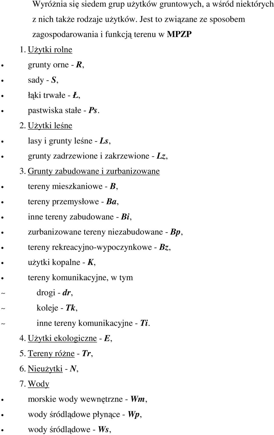 Grunty zabudowane i zurbanizowane tereny mieszkaniowe - B, tereny przemysłowe - Ba, inne tereny zabudowane - Bi, zurbanizowane tereny niezabudowane - Bp, tereny rekreacyjno-wypoczynkowe - Bz,