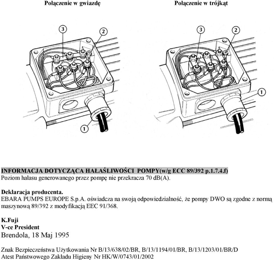 A PUMPS EUROPE S.p.A. oświadcza na swoją odpowiedzialność, że pompy DWO są zgodne z normą maszynową 89/392 z modyfikacją EEC 91/368.