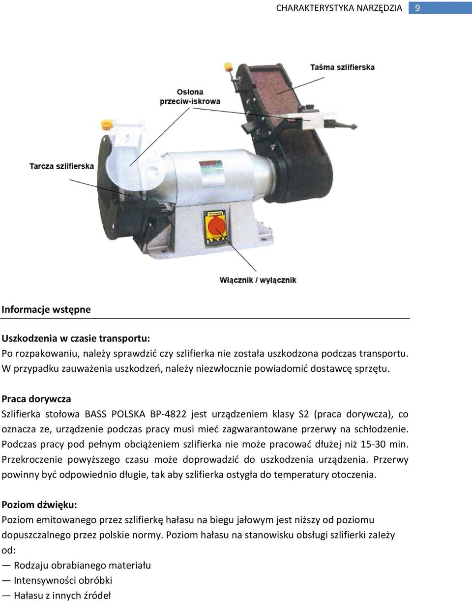 Praca dorywcza Szlifierka stołowa BASS POLSKA BP-4822 jest urządzeniem klasy S2 (praca dorywcza), co oznacza ze, urządzenie podczas pracy musi mieć zagwarantowane przerwy na schłodzenie.