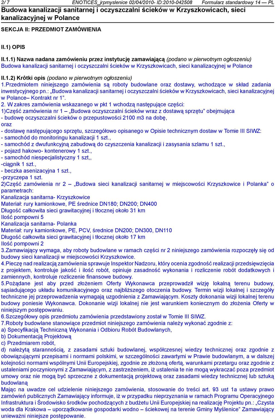 : kanalizacyjnej w Polance Kontrakt nr 1. 2.