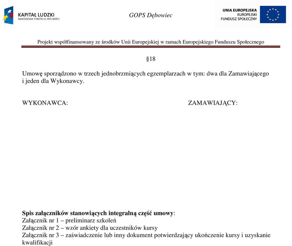 18 WYKONAWCA: ZAMAWIAJĄCY: Spis załączników stanowiących integralną część umowy: Załącznik nr