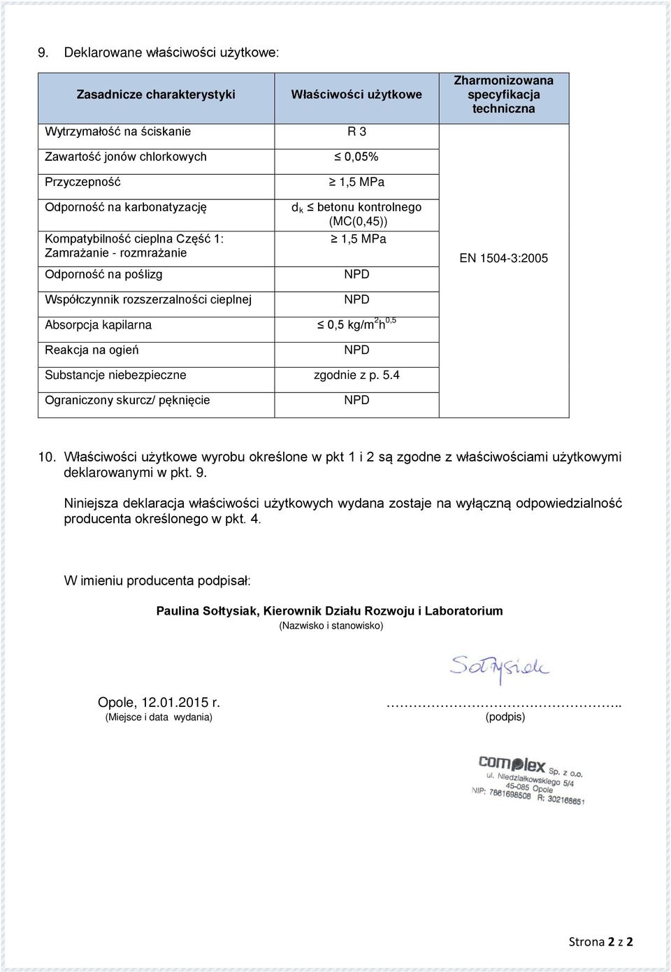 1504-3:2005 Absorpcja kapilarna 0,5 kg/m 2 h 0,5 Reakcja na ogień Substancje niebezpieczne zgodnie z p. 5.4 Ograniczony skurcz/ pęknięcie 10.