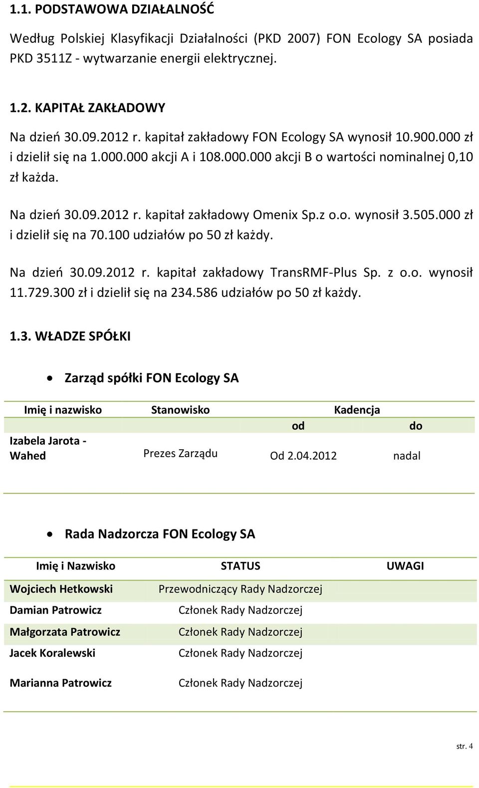 z o.o. wynosił 3.505.000 zł i dzielił się na 70.100 udziałów po 50 zł każdy. Na dzień 30.09.2012 r. kapitał zakładowy TransRMF-Plus Sp. z o.o. wynosił 11.729.300 zł i dzielił się na 234.