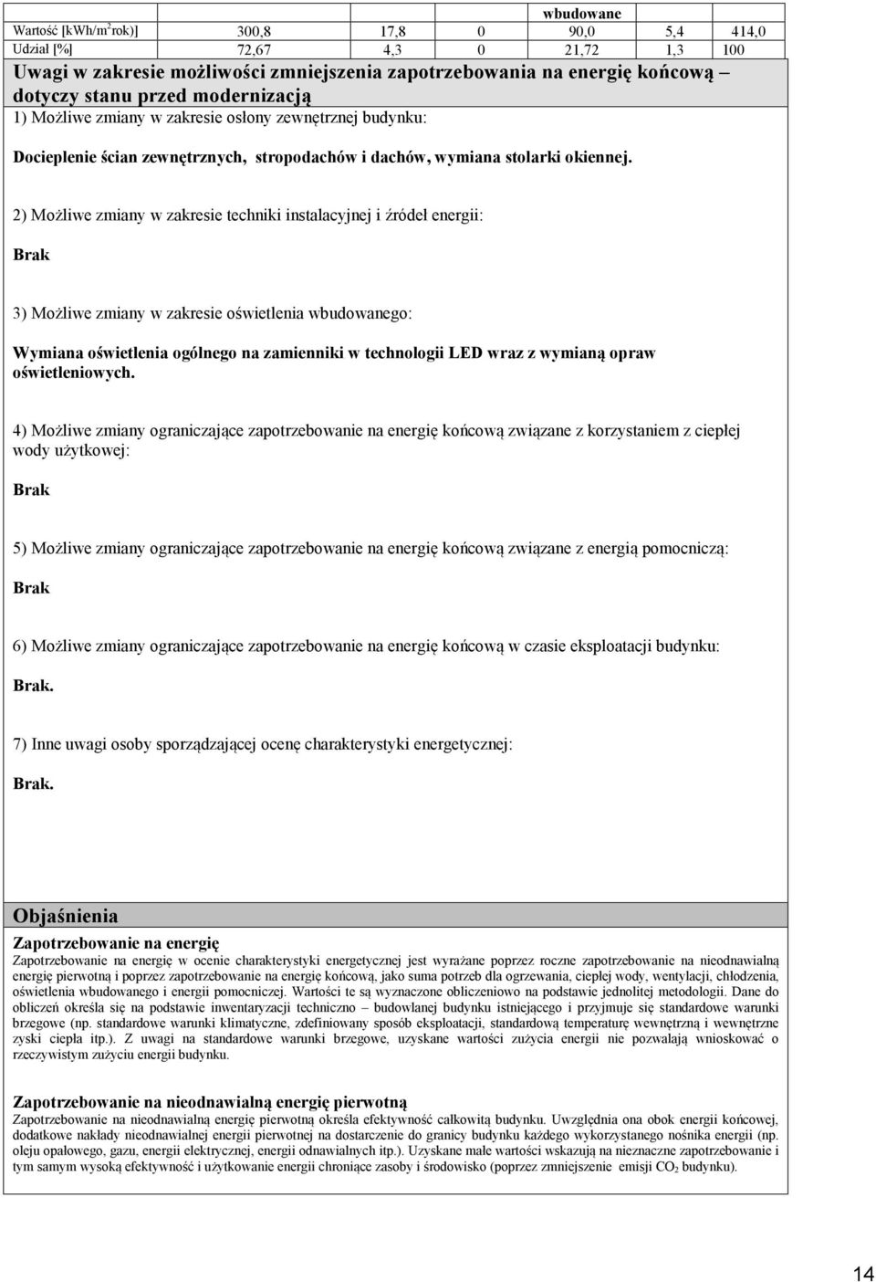 2) Możliwe zmiany w zakresie techniki instalacyjnej i źródeł energii: Brak 3) Możliwe zmiany w zakresie oświetlenia wbudowanego: Wymiana oświetlenia ogólnego na zamienniki w technologii LED wraz z