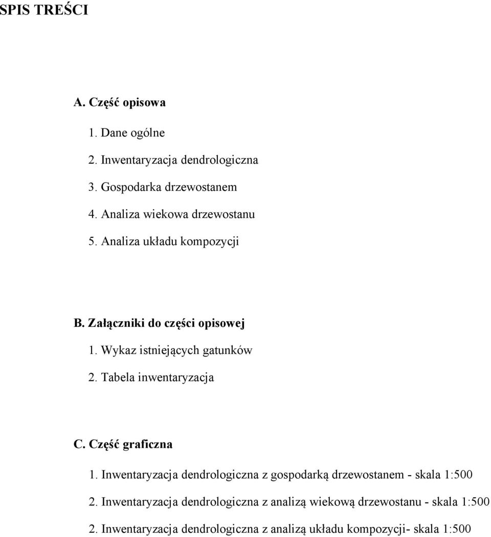 Tabela inwentaryzacja C. Część graficzna 1. Inwentaryzacja dendrologiczna z gospodarką drzewostanem - skala 1:500 2.