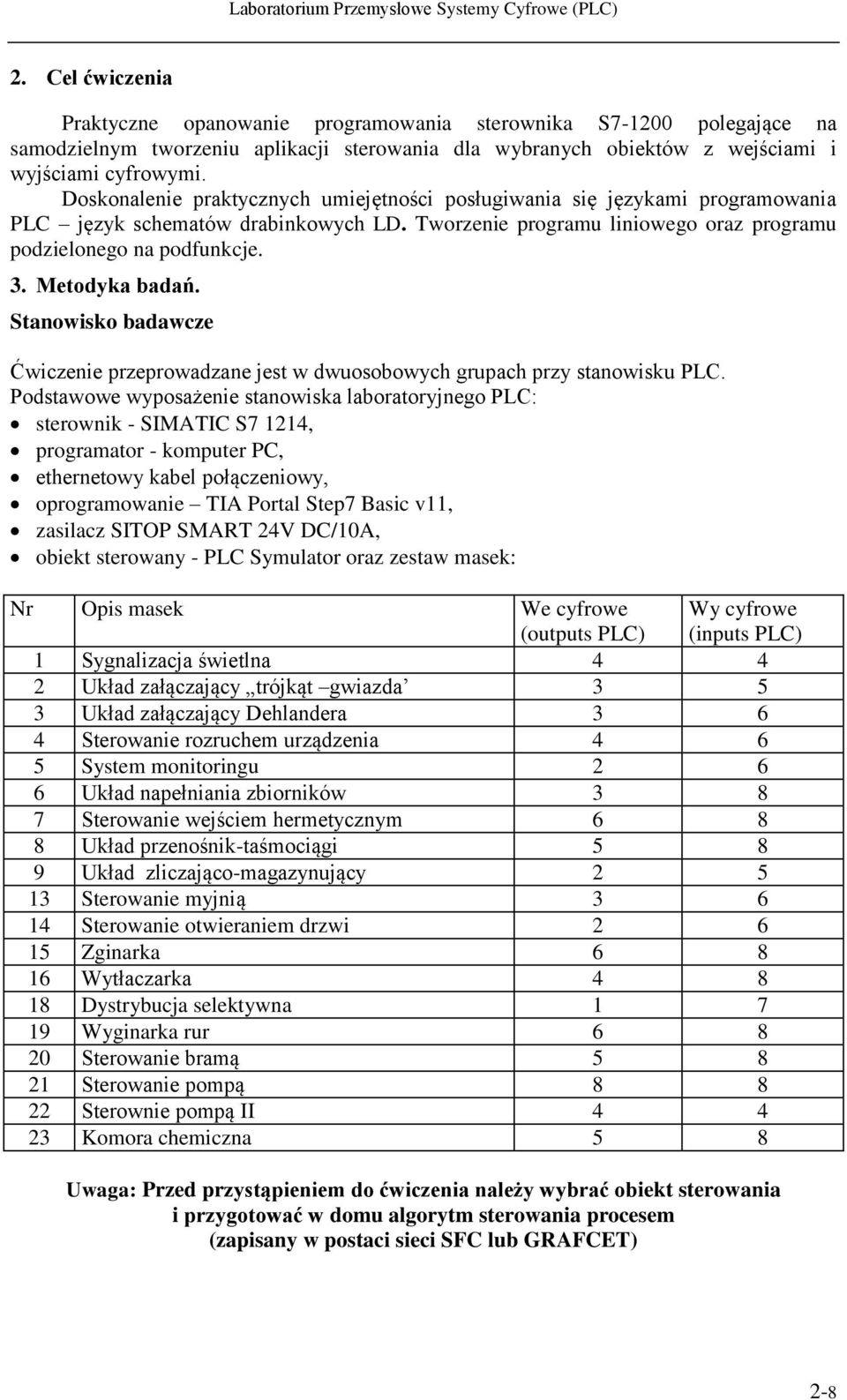 Metodyka badań. Stanowisko badawcze Ćwiczenie przeprowadzane jest w dwuosobowych grupach przy stanowisku PLC.