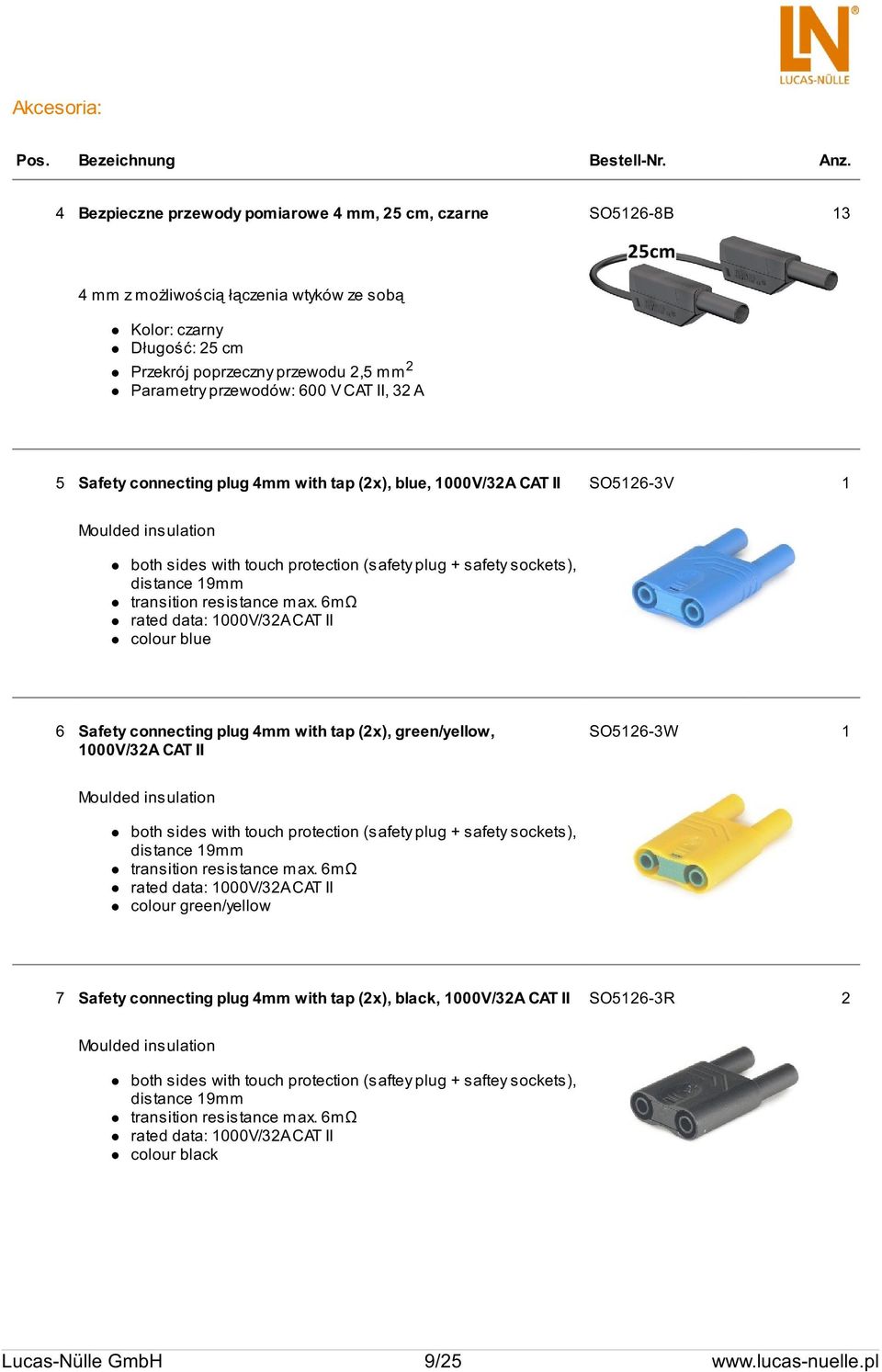 V CAT II, 32 A 5 Safety connecting plug 4mm with tap (2x), blue, 1000V/32A CAT II SO5126-3V 1 Moulded insulation both sides with touch protection (safety plug + safety sockets), distance 19mm