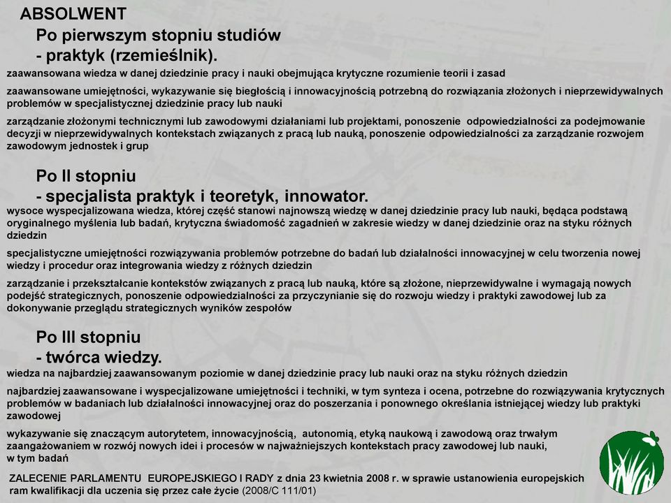 złożonych i nieprzewidywalnych problemów w specjalistycznej dziedzinie pracy lub nauki zarządzanie złożonymi technicznymi lub zawodowymi działaniami lub projektami, ponoszenie odpowiedzialności za